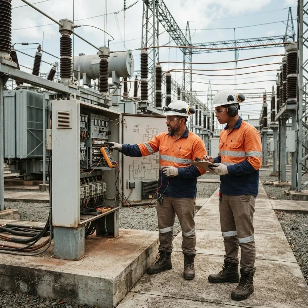 Engineers wearing PPE at an electrical substation