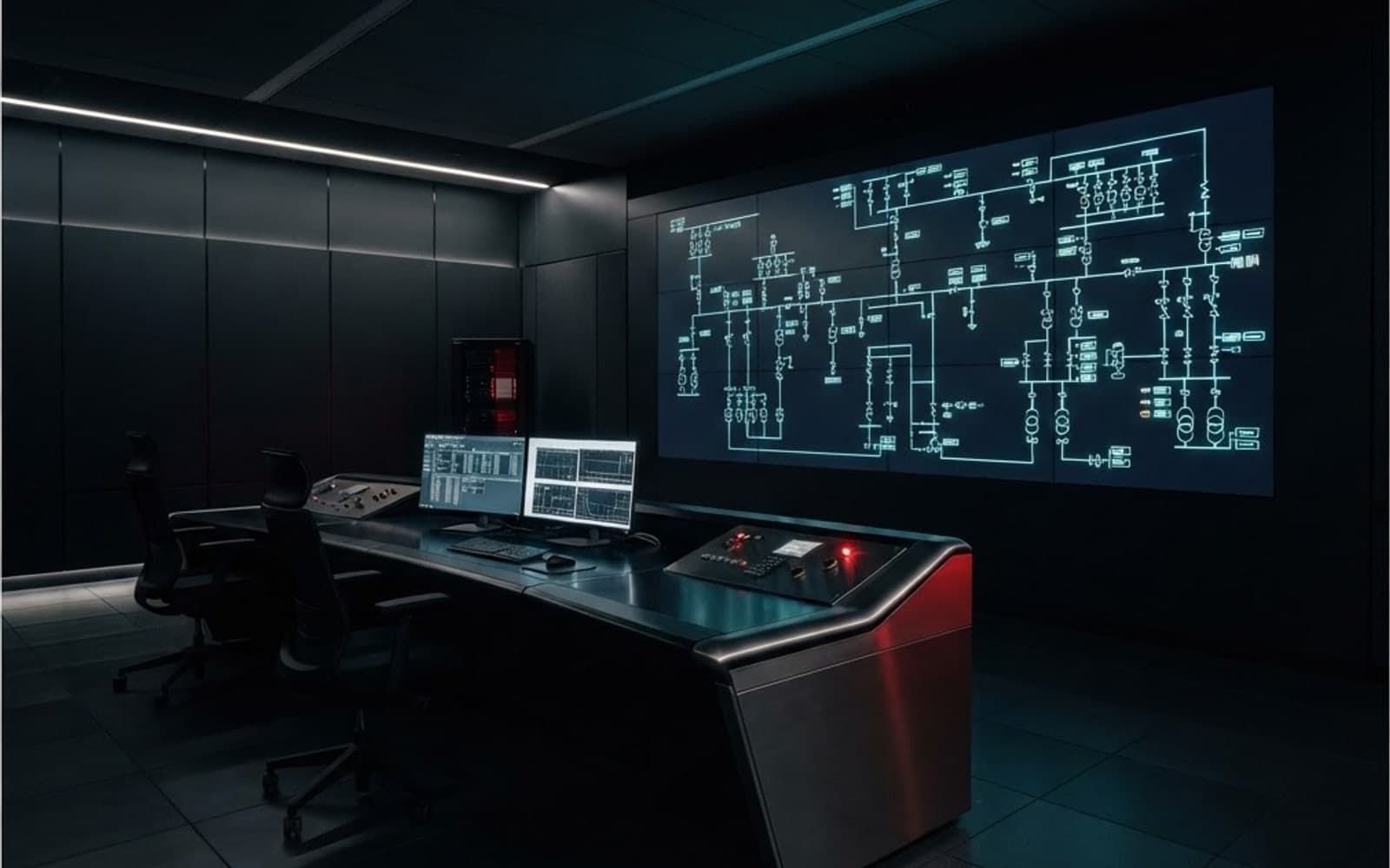 Substation control and supervision room with a SCADA panel displaying the single-line diagram
