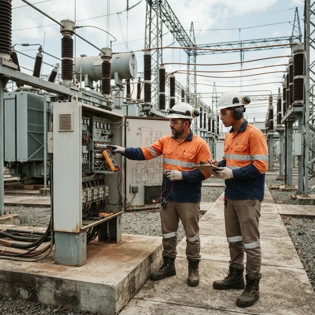 Engenheiros utilizando EPI em subestação elétrica